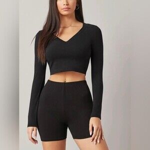 Genx Clothing Women’s Long Sleeve V Neck Rib Knitted Black Crop Top Size Small